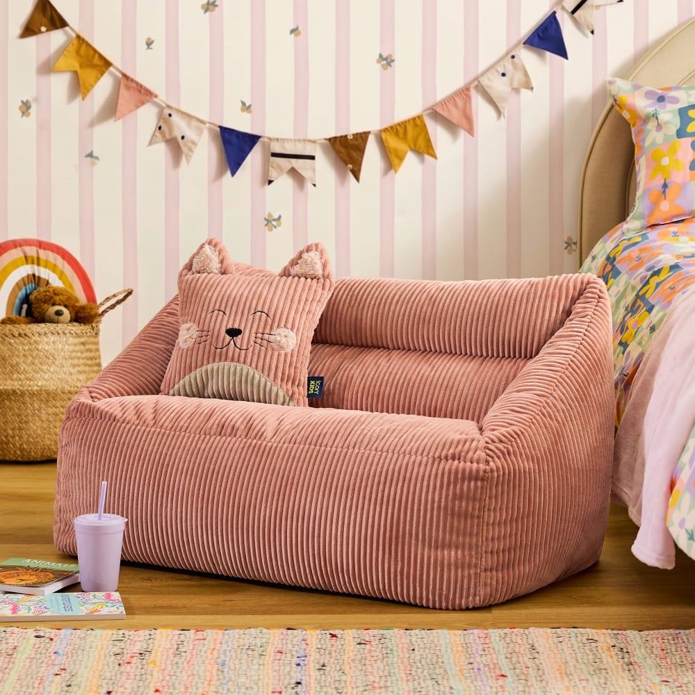 Pouf canapé enfant et coussin chat en velours côtelé rose aube