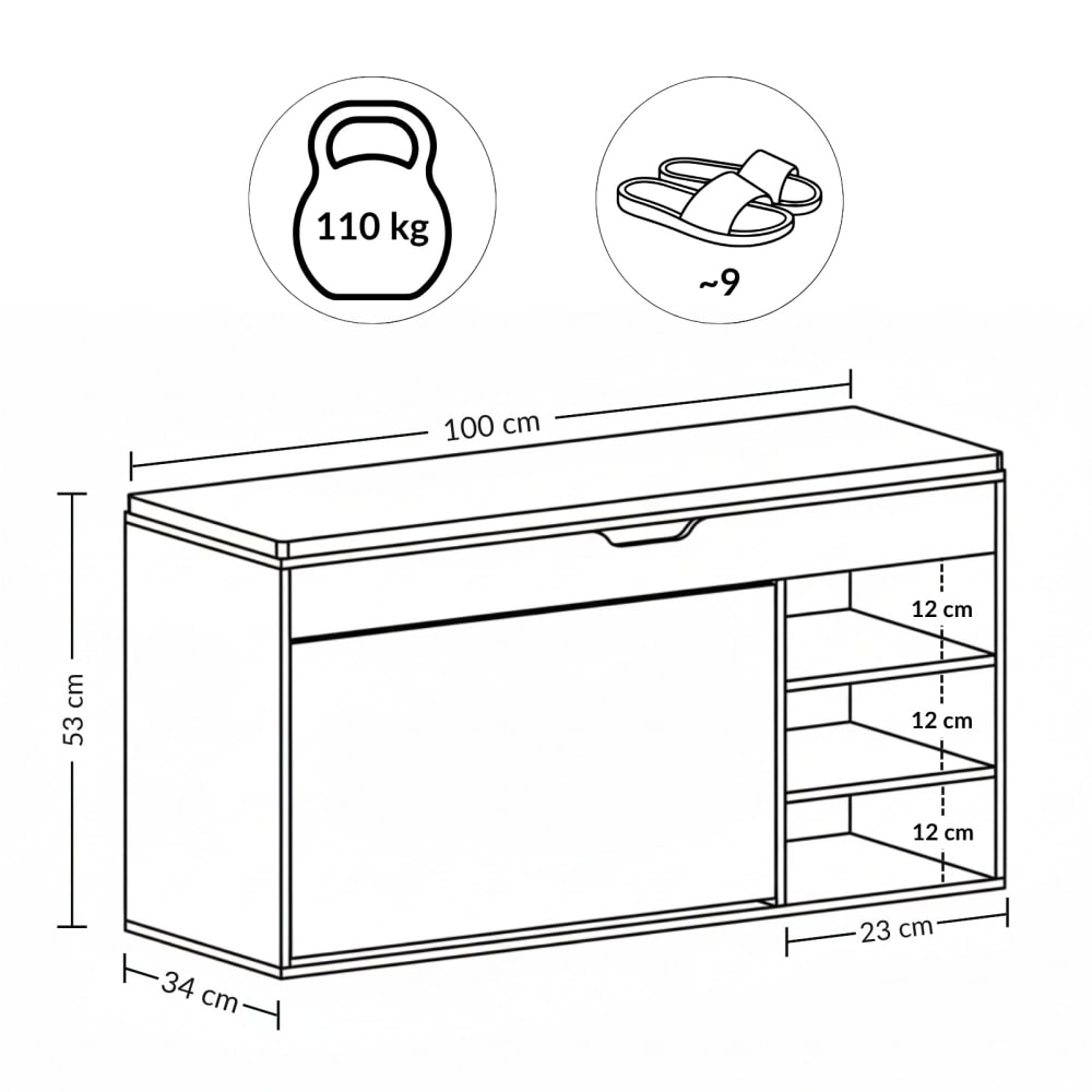 Schuhbank mit Auszug aus MDF, 100 x 34 x 50 cm, weiß - Maisons Du