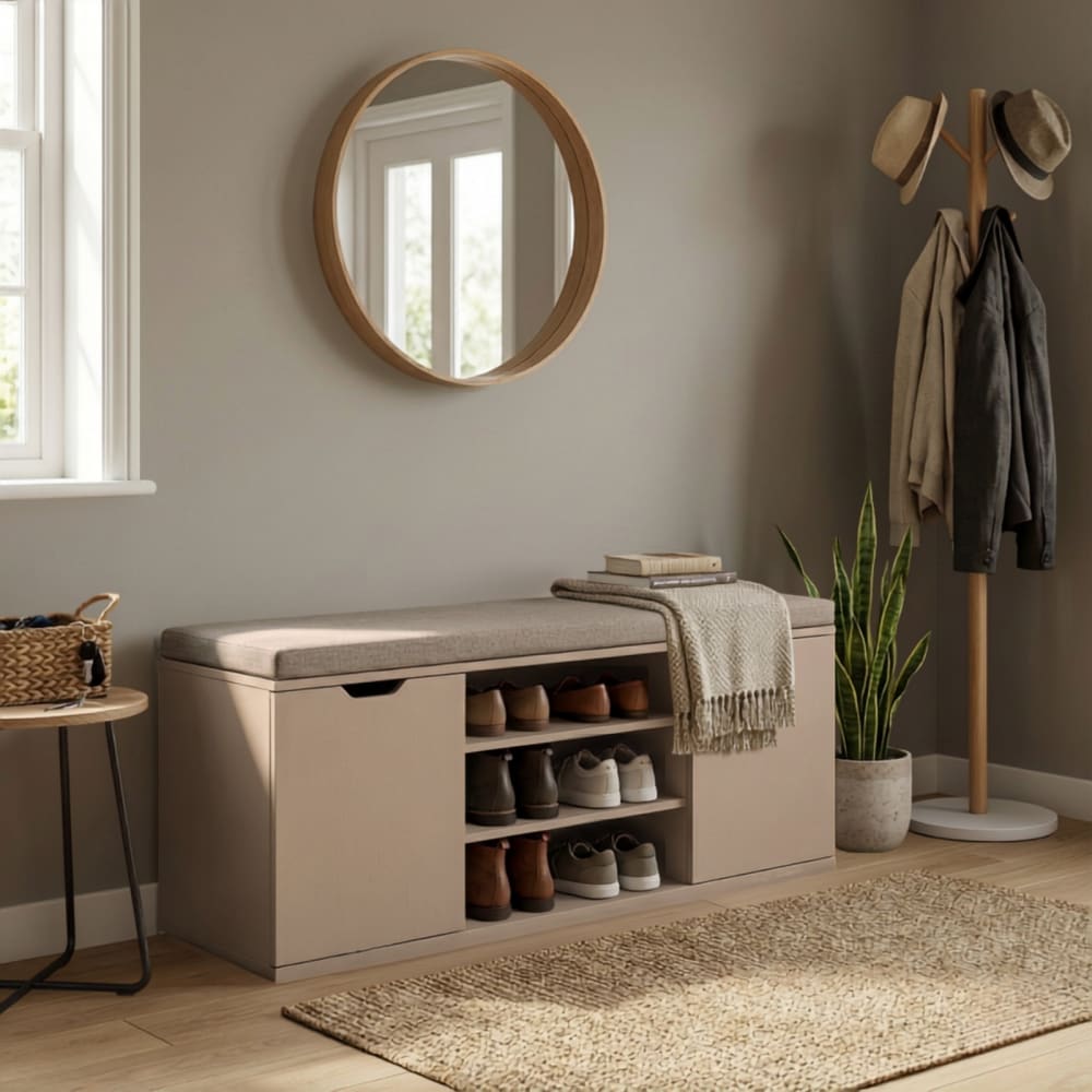 Schuhschrank mit Sitzfläche aus MDF, 103 x 30 x 46 cm, beige -