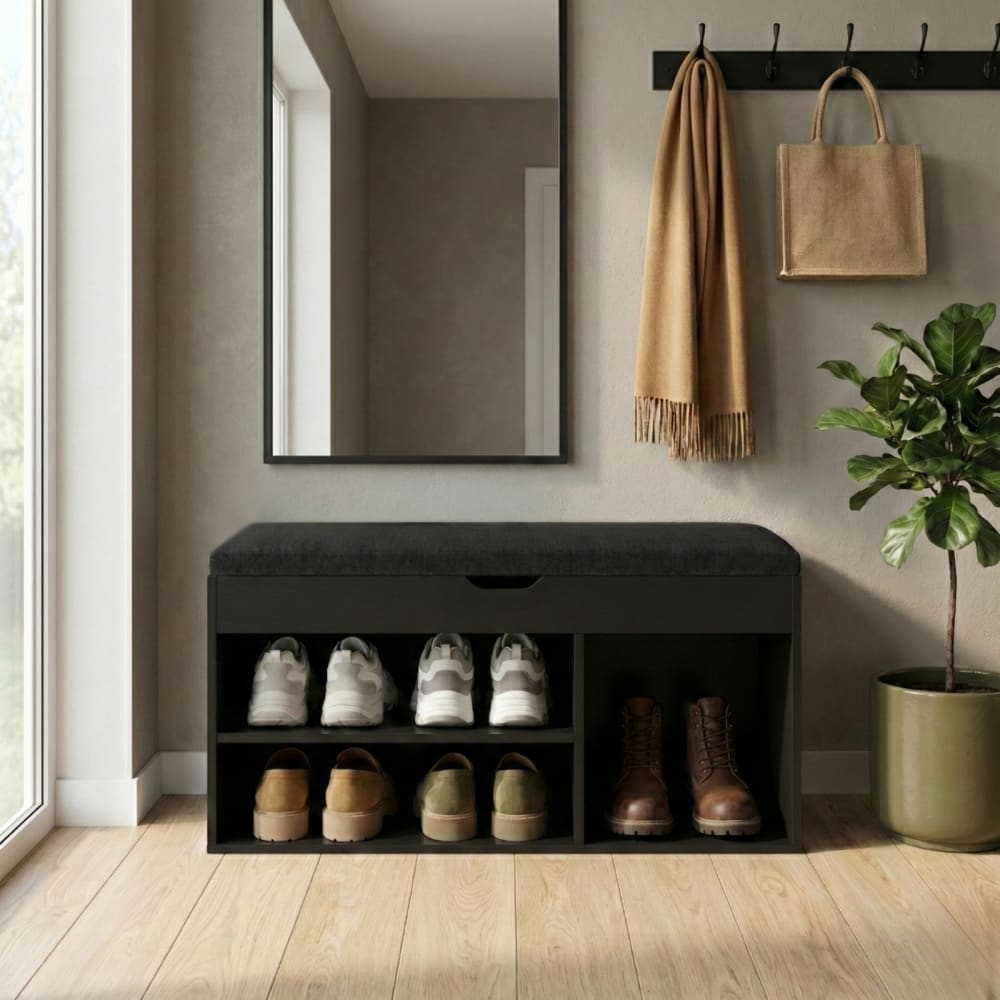 Schuhschrank mit Sitzfläche aus MDF, 80 x 30 x 43 cm, schwarz -