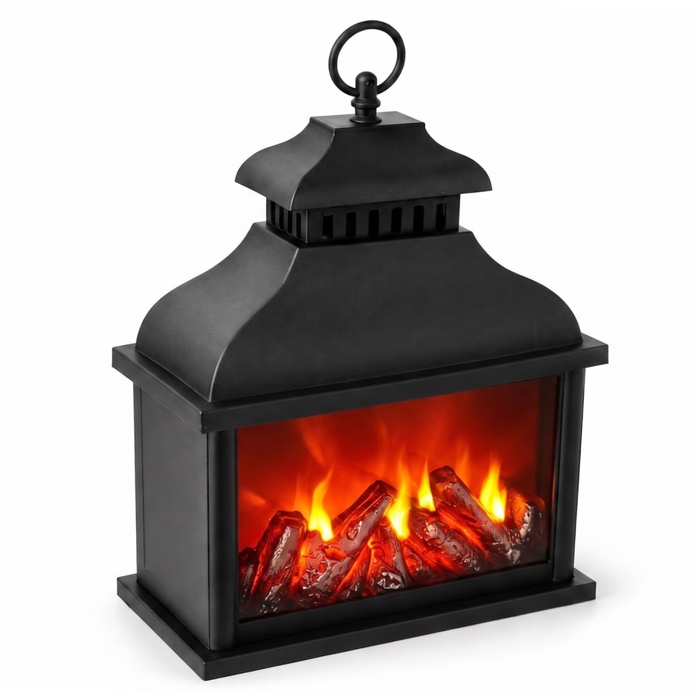 LED-Kaminlaterne aus Kunststoff, 13,5 x 25,5 x 37 cm, schwarz -