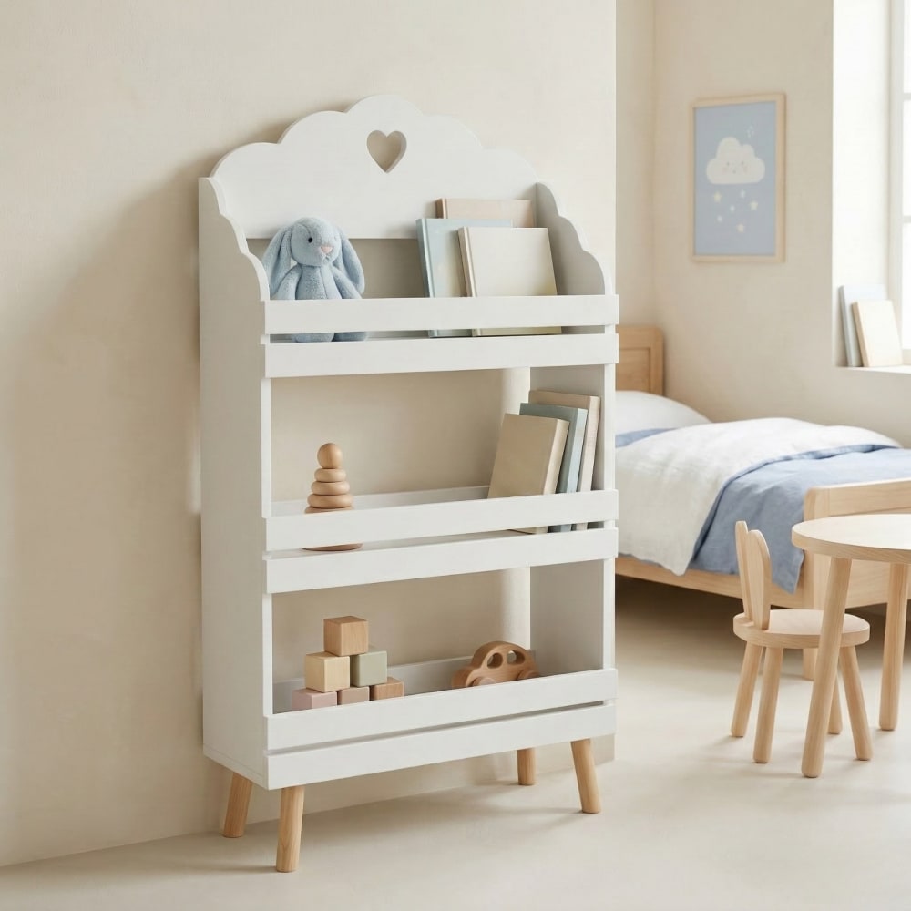 Kinderregal mit Wolkenmotiv aus MDF, 60 x 100 x 18 cm, weiß -