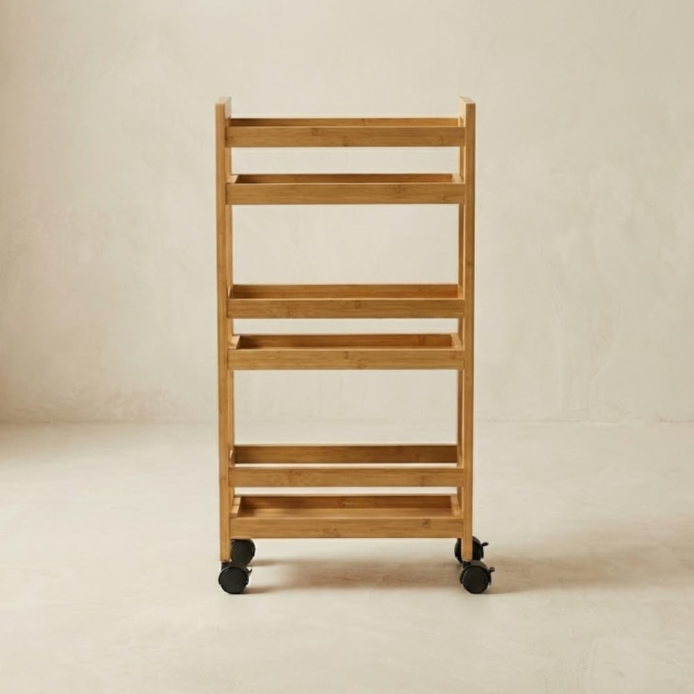 Schmales Badregal auf Rollen aus Bambus, 3 Ablagen, 76 cm, braun