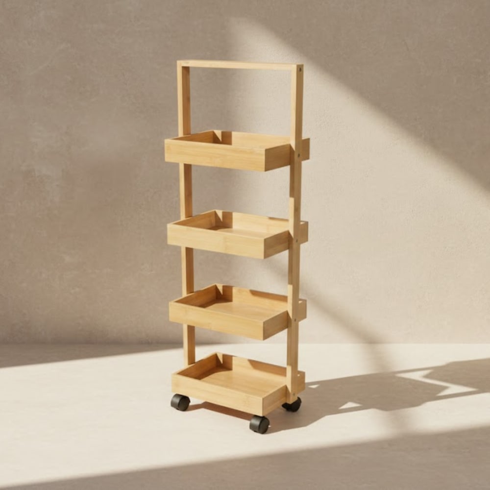 Schmales Bambusregal mit 4 Körben, 90 cm, beige - Maisons Du