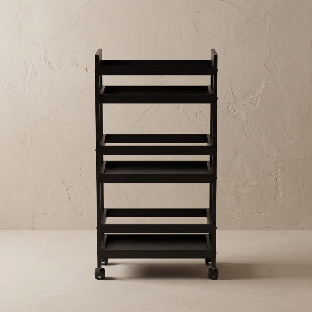 Schmales Badregal auf Rollen aus Bambus, 38 x 15 x 76 cm, schwarz
