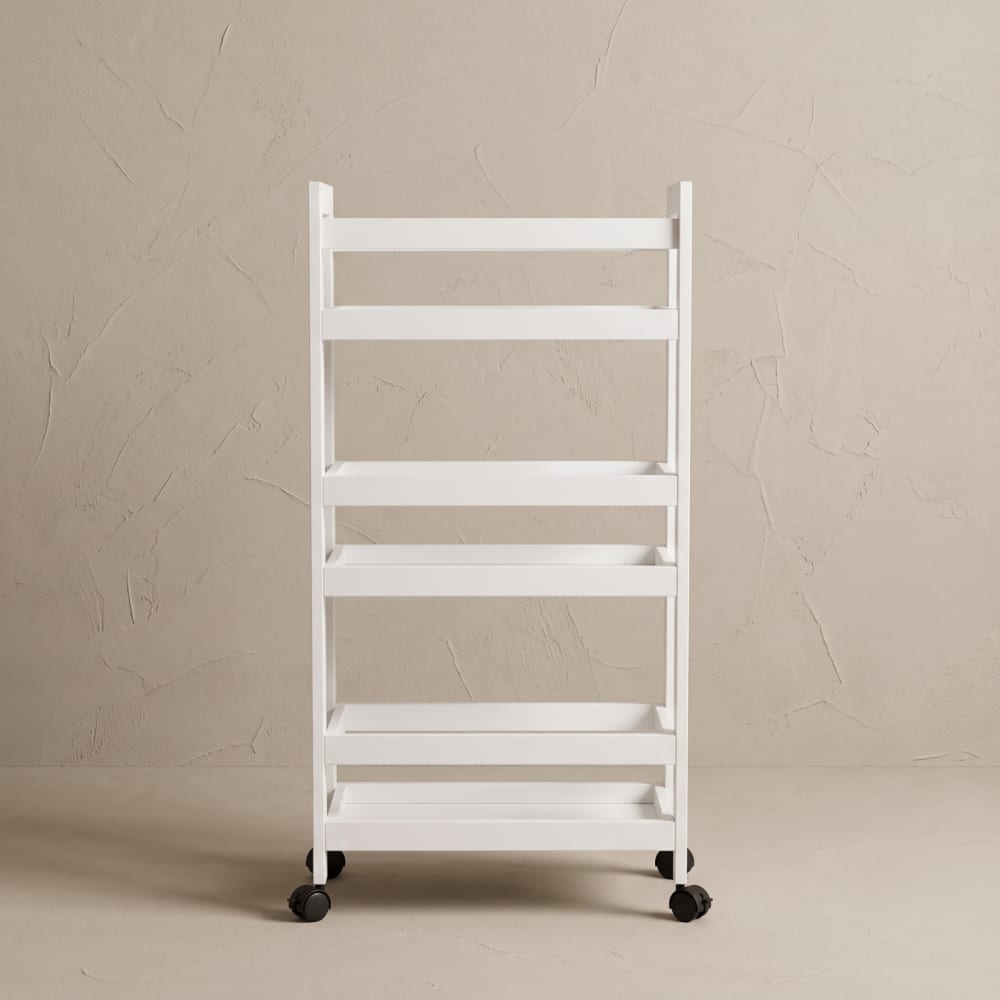 Schmales Badregal auf Rollen aus Bambus, 38 x 15 x 76 cm, weiß -