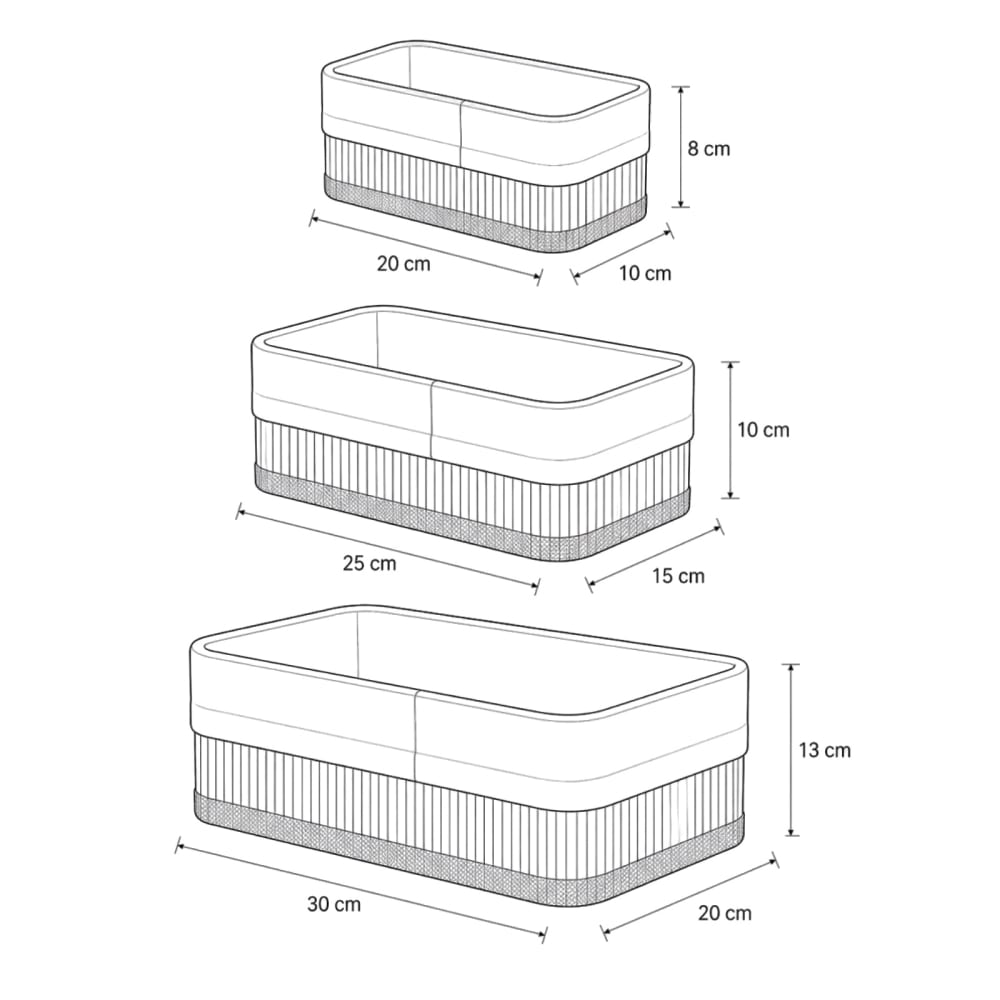 Set mit 3 Bambuskörben mit Stoffeinlage, 30 x 20 x 13 cm, braun -