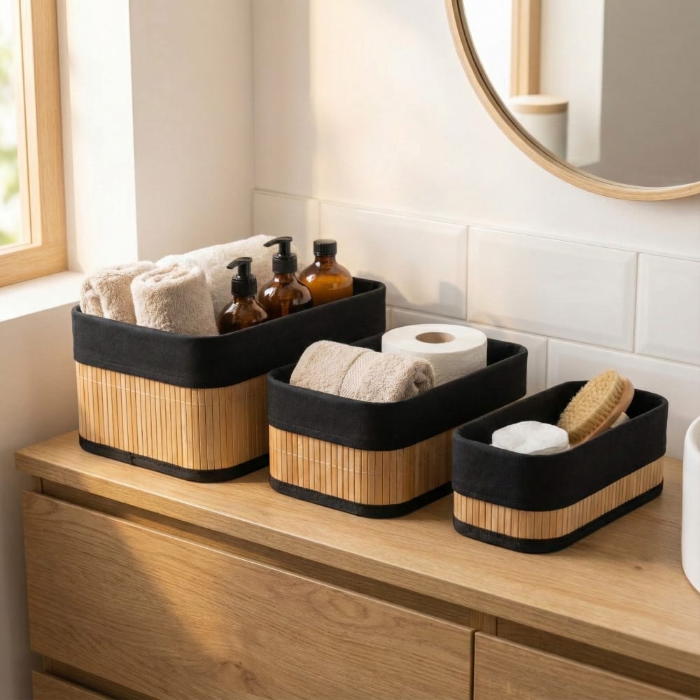 Set mit 3 Bambuskörben mit Stoffeinlage, 30 x 20 x 13 cm, natur -