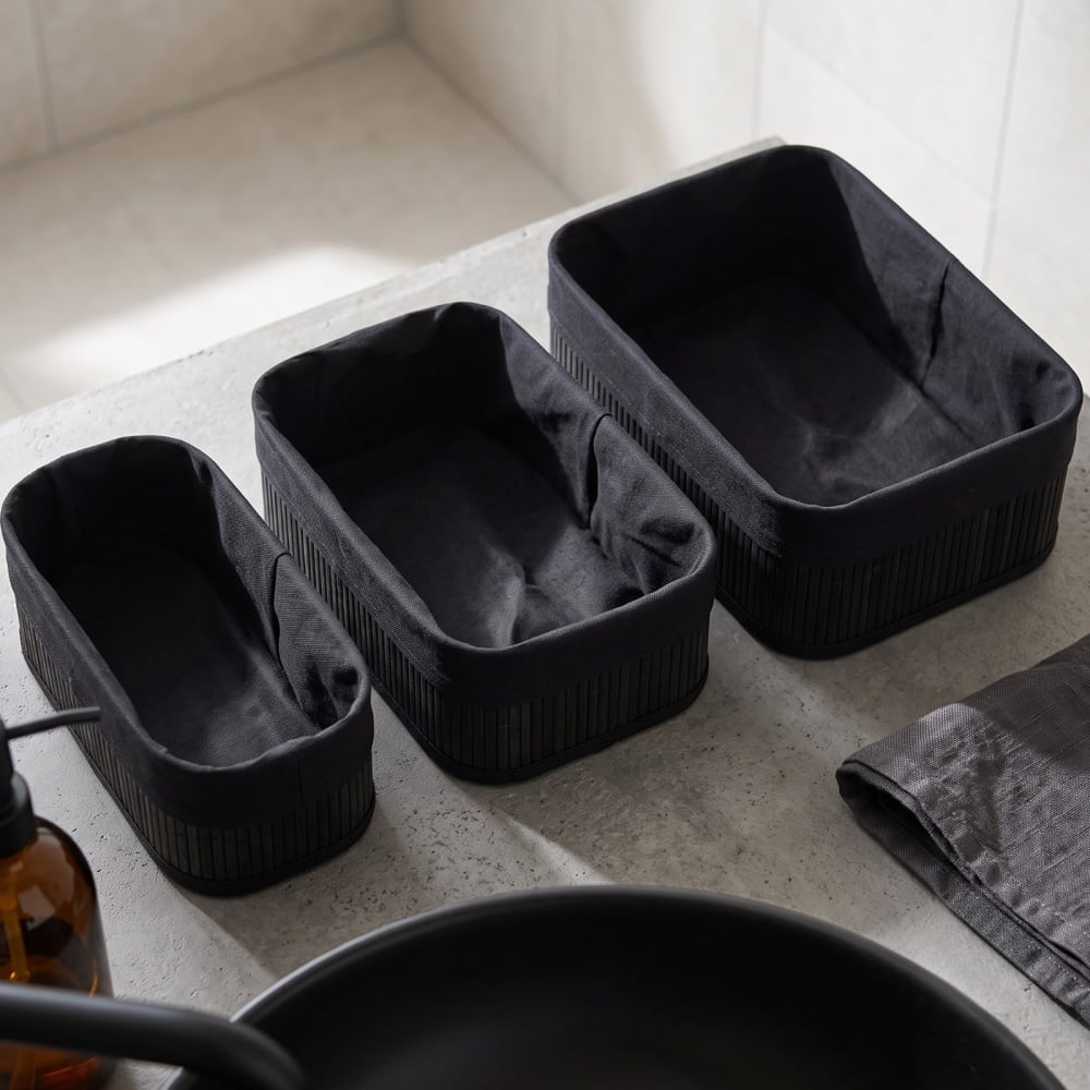 Set mit 3 Bambuskörben mit Stoffeinlage, 30 x 20 x 13 cm, schwarz