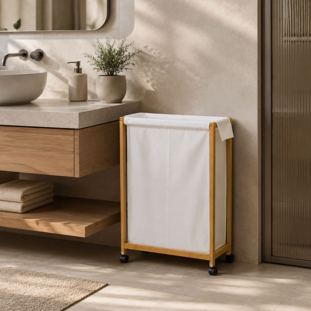 Wäschekorb aus Bambus mit Rollen, 55 x 28 x 80 cm, beige -