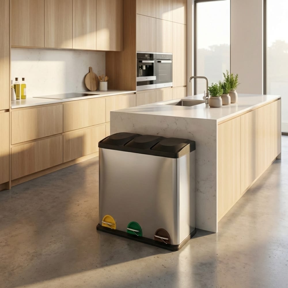 Dreikammer-Mülltrennbehälter aus Edelstahl, 60 l, silber -