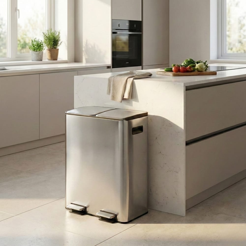 Zweikammer-Müllbehälter aus Edelstahl, 60 l, silber - Maisons Du