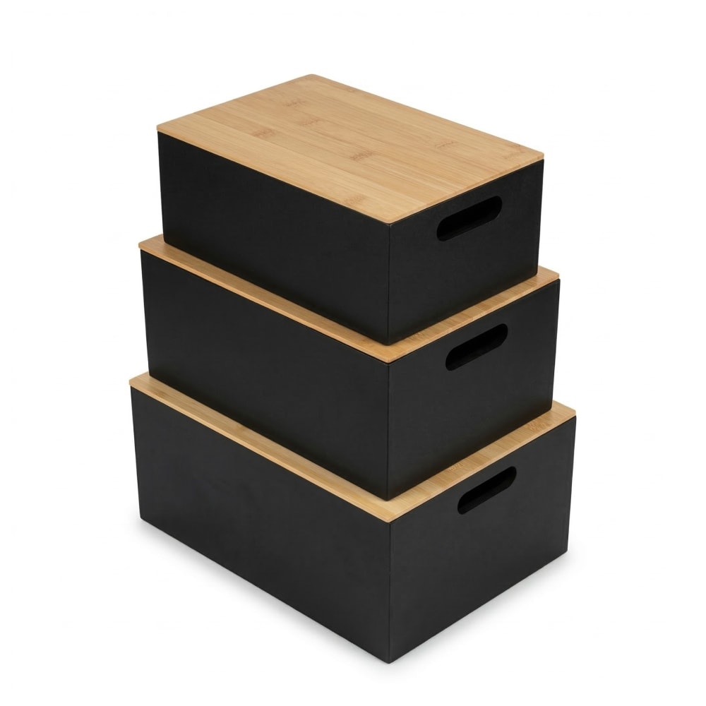 Vorratsdosen mit Holzdeckel, 3er-Set, 34 x 25 x 16 cm, schwarz -