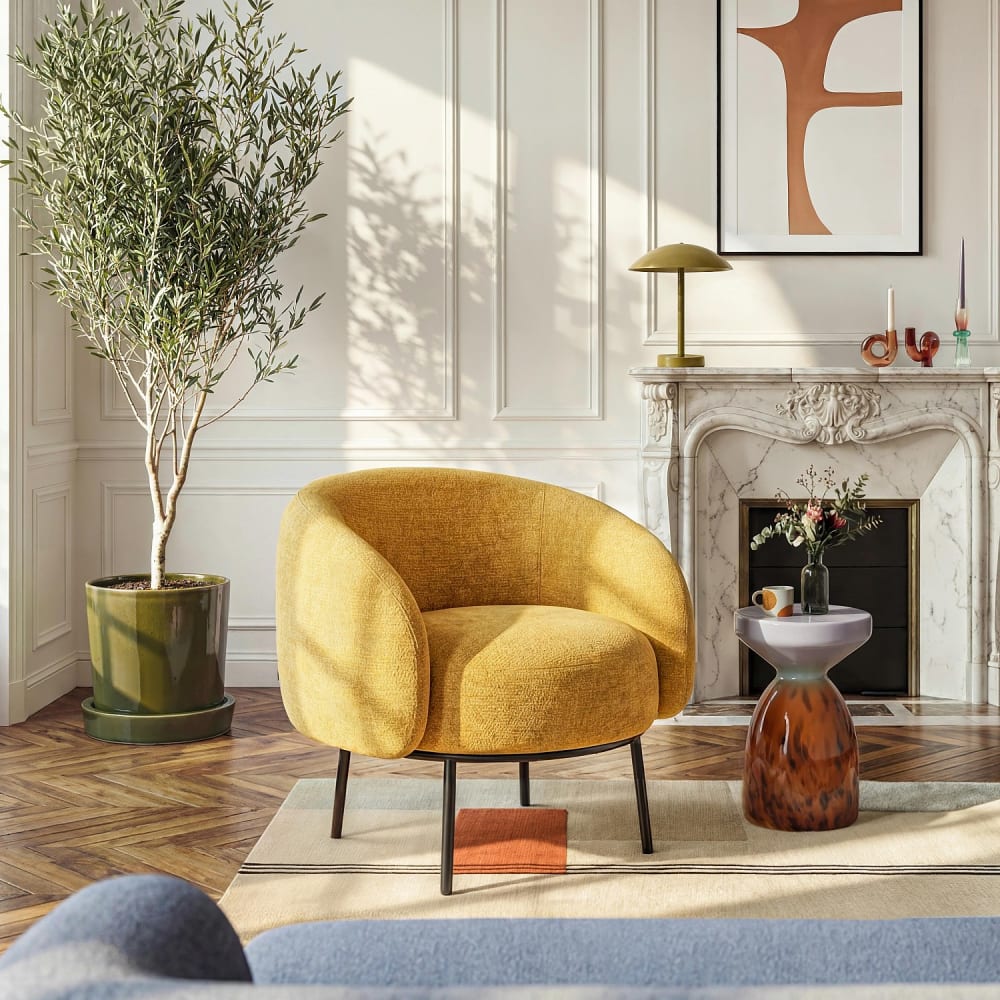 Fauteuil en tissu chenille et métal noir - jaune ocre