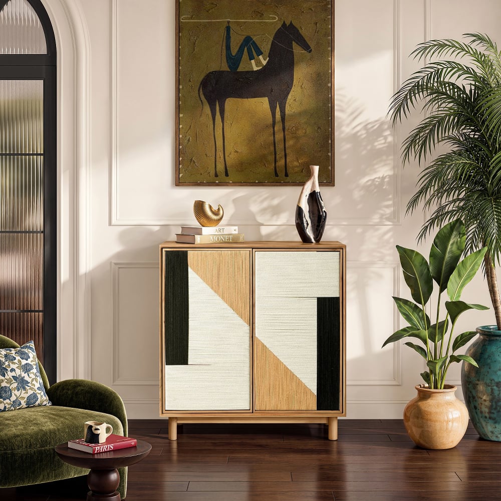 Buffet 2 portes en bois massif et fils de coton tissés - naturel