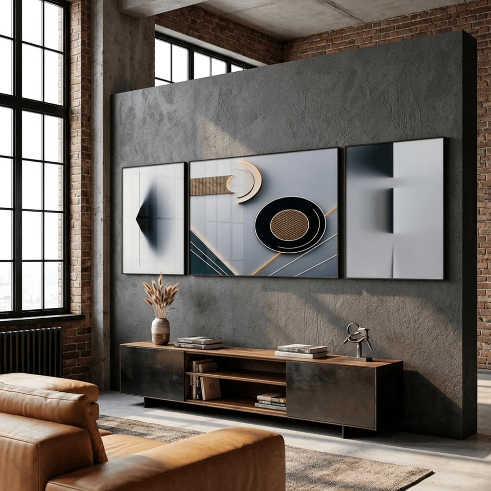 Ensemble de 3 tableaux abstrait en aluminium et mdf gris 240x3x80 cm