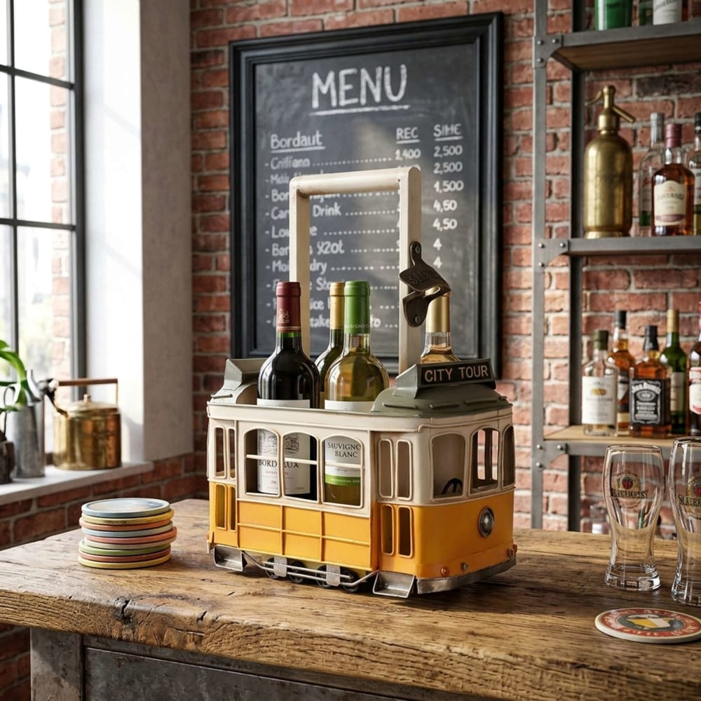Porte-bouteilles tramway en acier jaune 28x17x37 cm