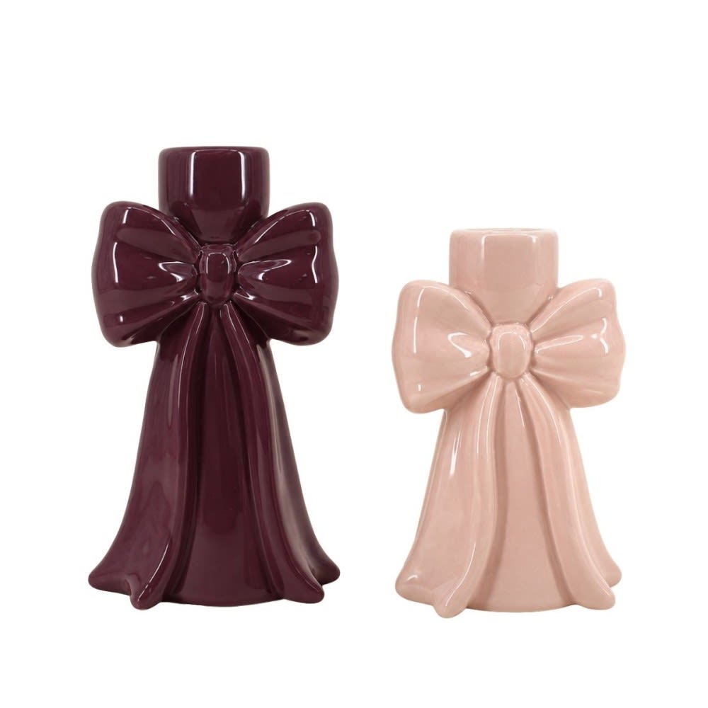 Set de 2 bougeoirs en céramique noeud violet et rose Set de 2 bougeoirs en céramique noeud violet et rose