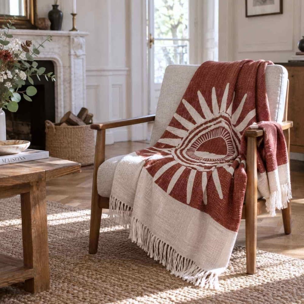 Plaid jeté de canapé coton flammé soleil terracotta 125x150cm Plaid jeté de canapé coton flammé soleil terracotta 125x150cm