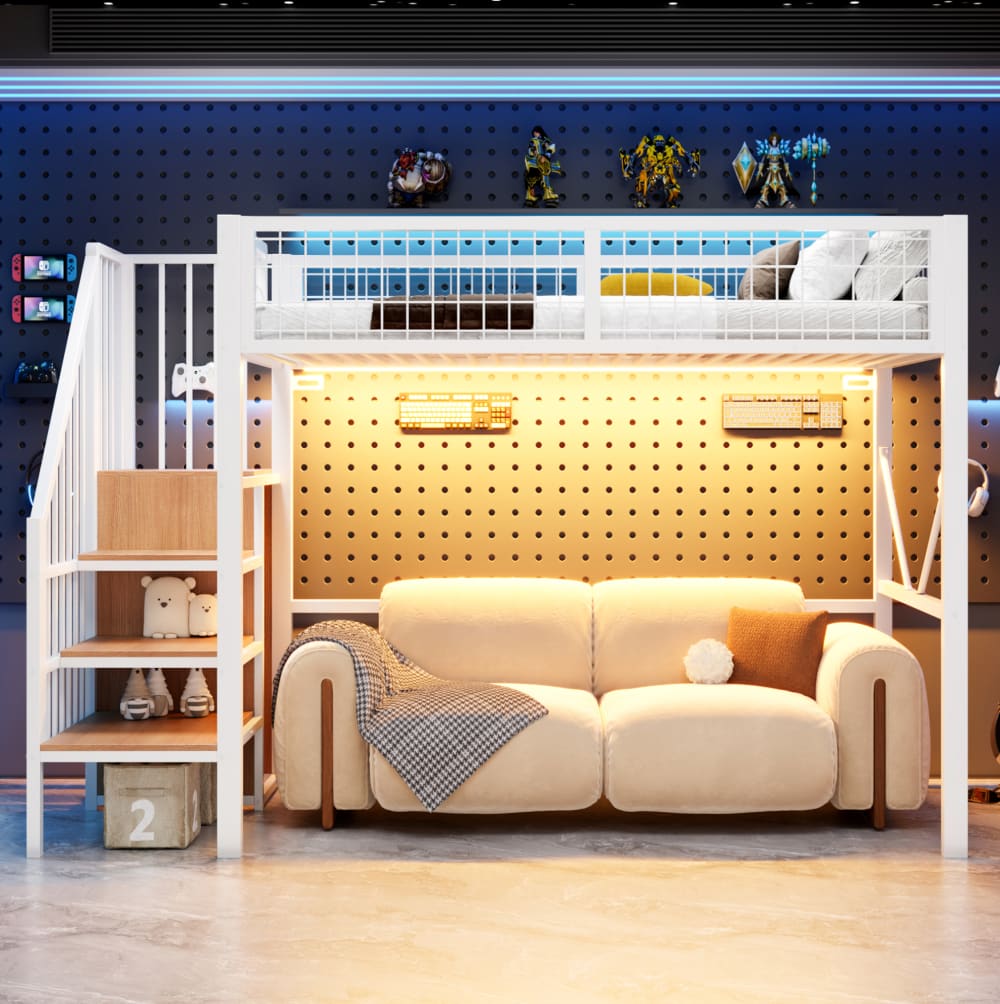 Metall-Hochbett mit Stauraumleiter und LED 90x200 cm, Weiß -
