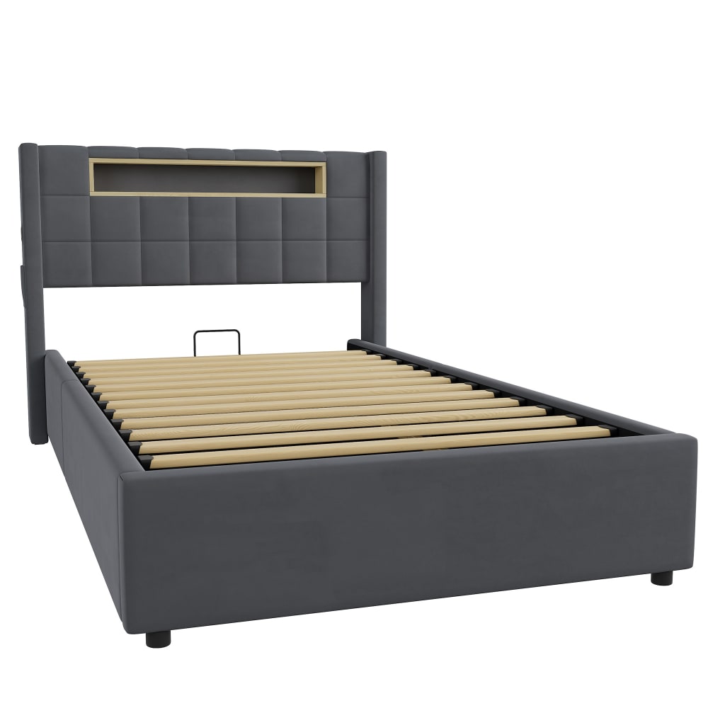 Kinderbett mit Bettkasten 90x200 cm, LED & Ablage, Dunkelgrauer