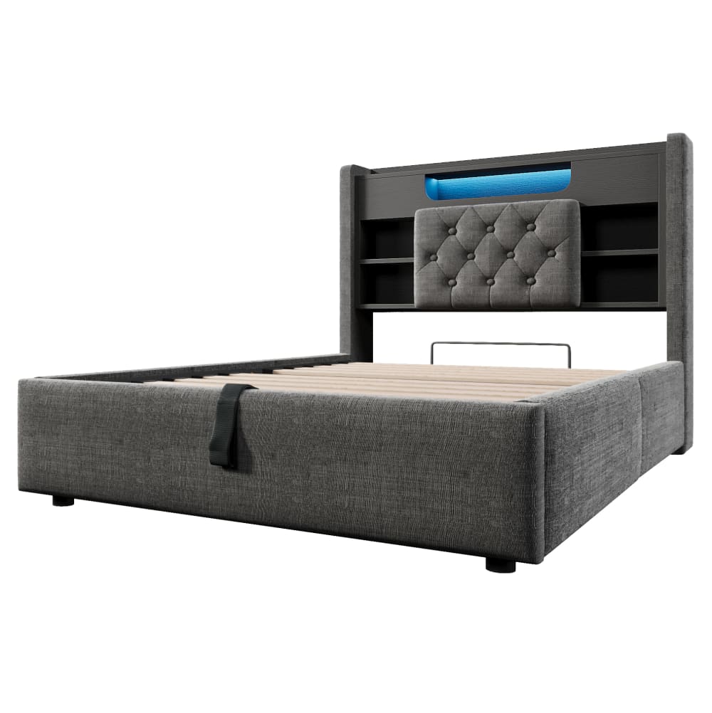 Polsterbett mit LED, USB-C, Bettkasten und Regal 90x200 cm Grau -