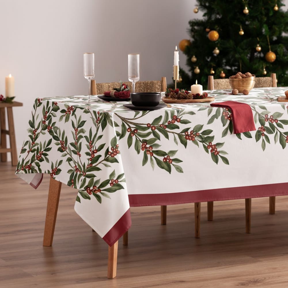 Weihnachts-Tischdecke Baumwolle Zweige rote Beeren 155x350cm -