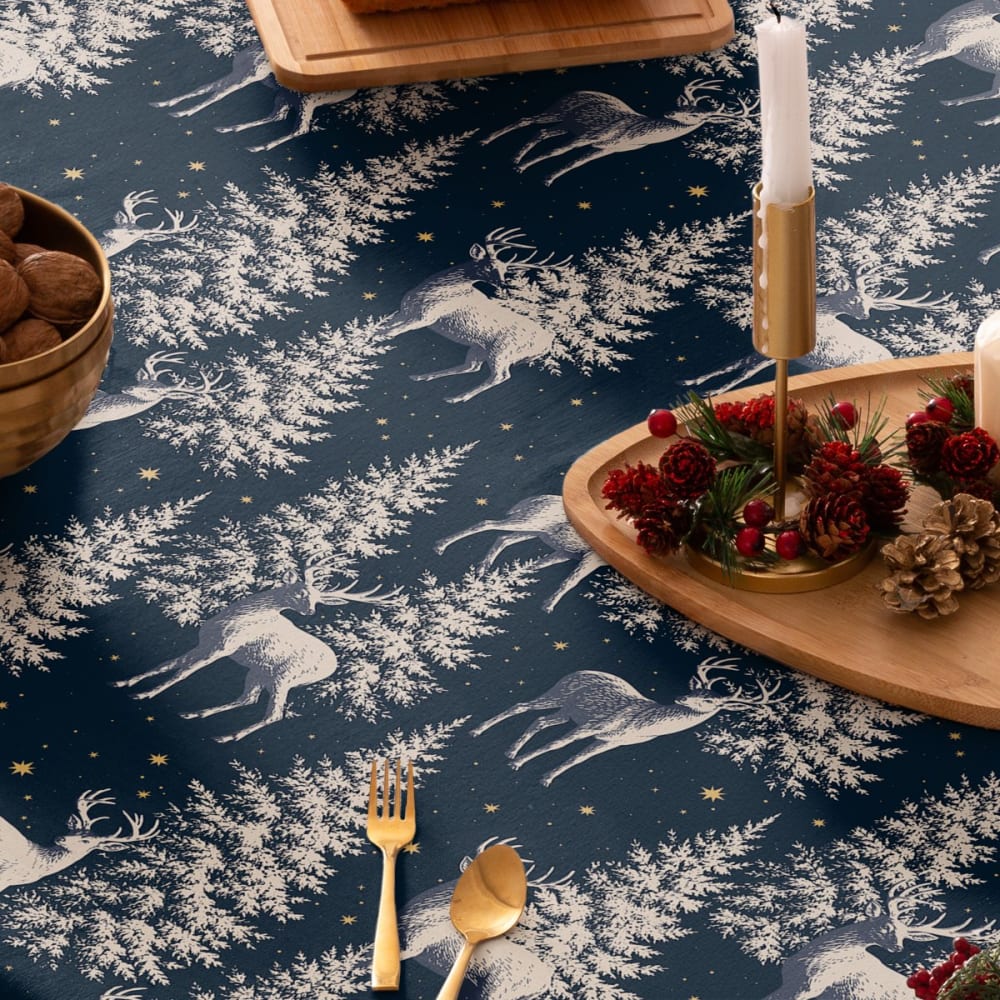 Weihnachts-Tischdecke Baumwolle Marineblau Tannen 155x350cm -