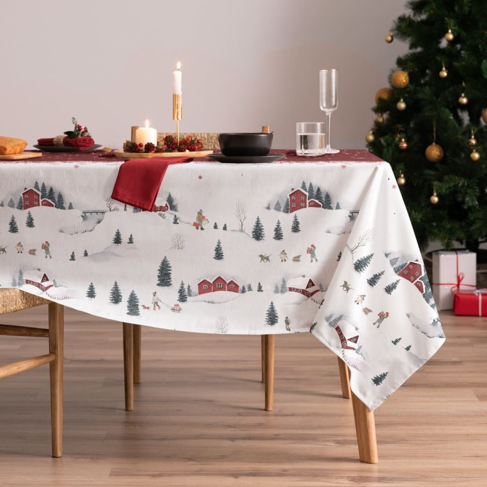 Weihnachts-Tischdecke Baumwolle rot verschneite Häuser 155x350cm