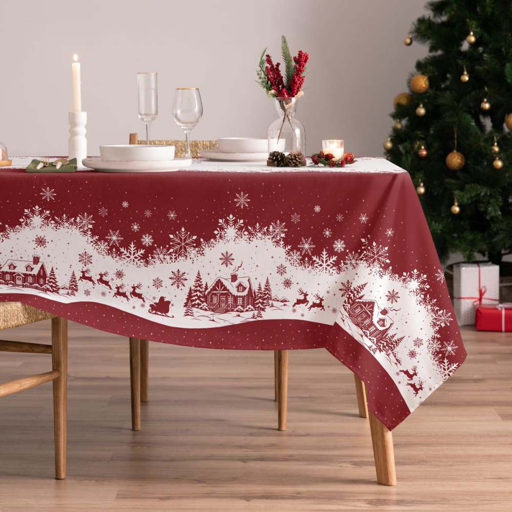 Weihnachts-Tischdecke Baumwolle Rot Tannen 155x300cm - Maisons Du