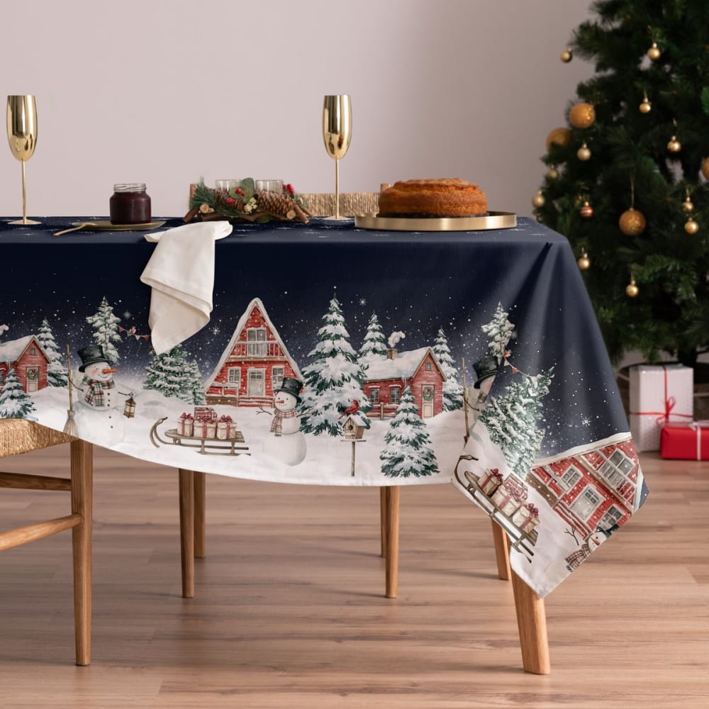 Weihnachts-Tischdecke Baumwolle Blau Winterdorf 155x200cm -