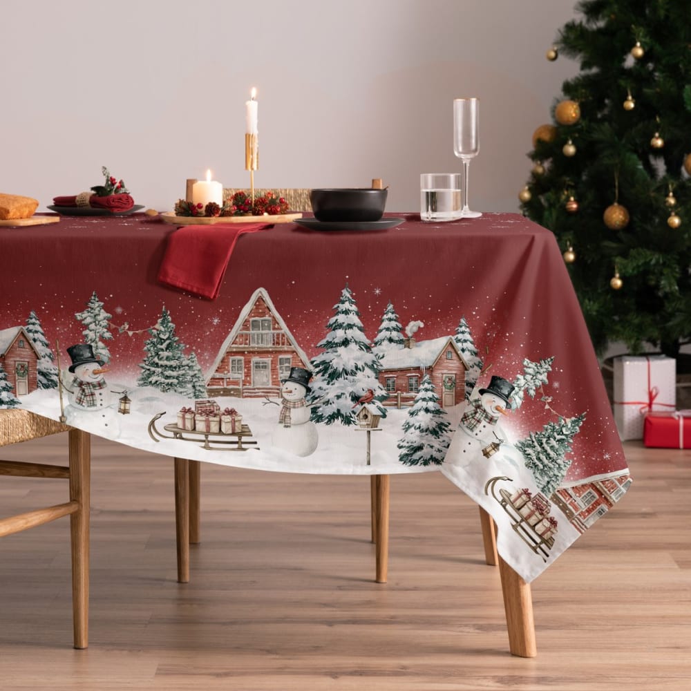 Weihnachts-Tischdecke Baumwolle Rot Winterdorf 155x155cm -