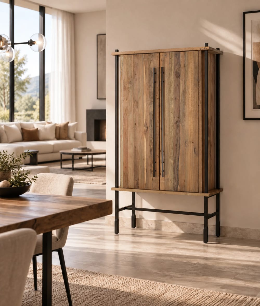 Teak-Barschrank, 169 cm, rustikaler Industriestil - Maisons Du