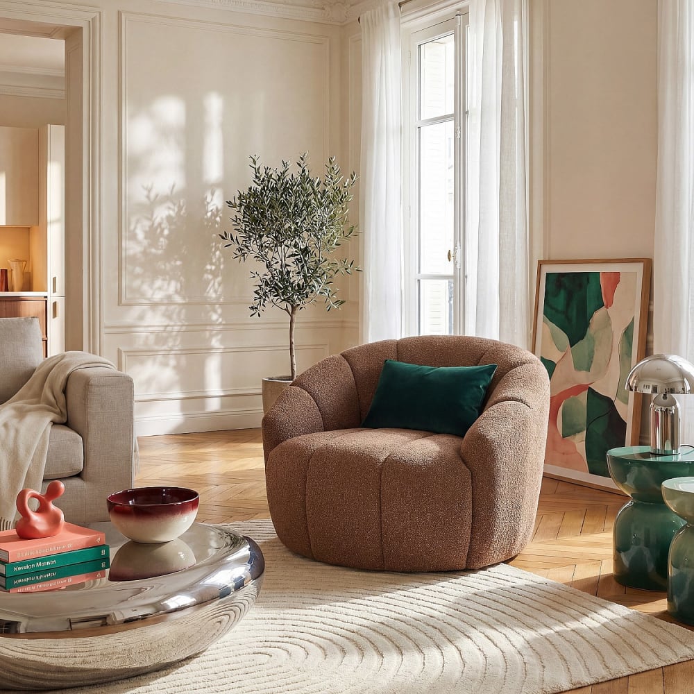 Fauteuil loveuse pivotant en tissu texturé - terracotta