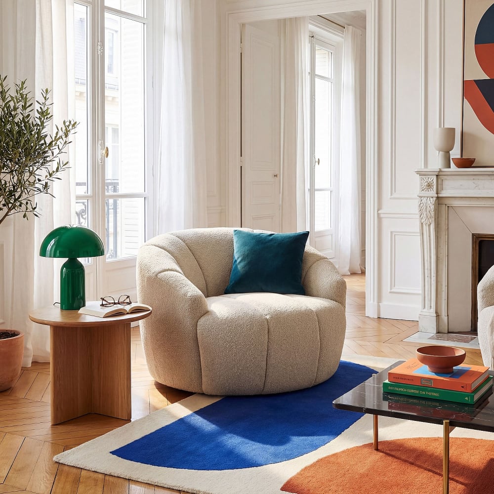 Fauteuil loveuse pivotant en tissu texturé - crème