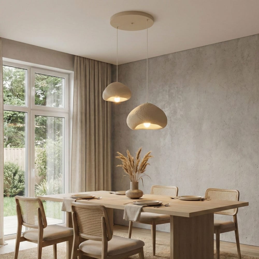 Luminaire design 2 suspensions en fibre de verre beige Luminaire design 2 suspensions en fibre de verre beige