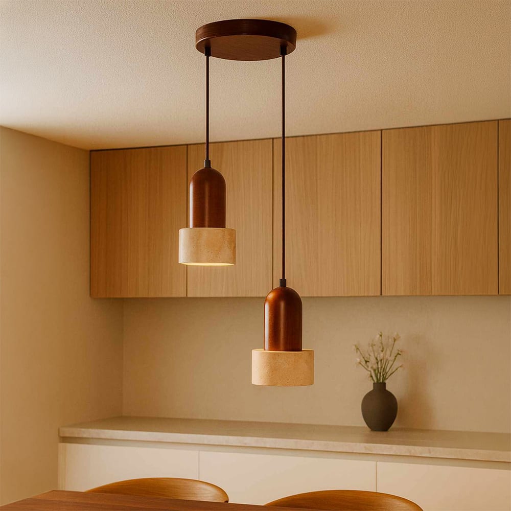 Suspension design 2 spots en travertin et effet bois noyer Suspension design 2 spots en travertin et effet bois noyer