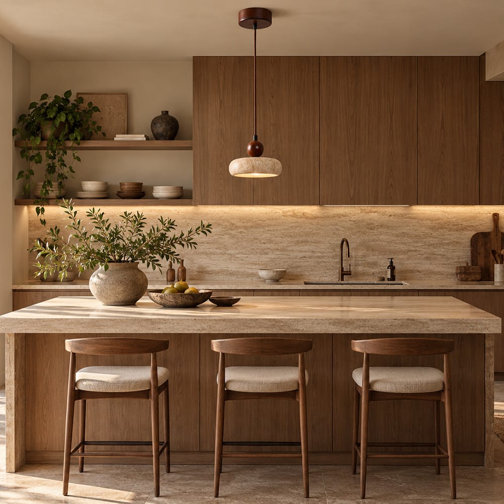 Suspension design ronde en travertin et bois effet noyer Suspension design ronde en travertin et bois effet noyer