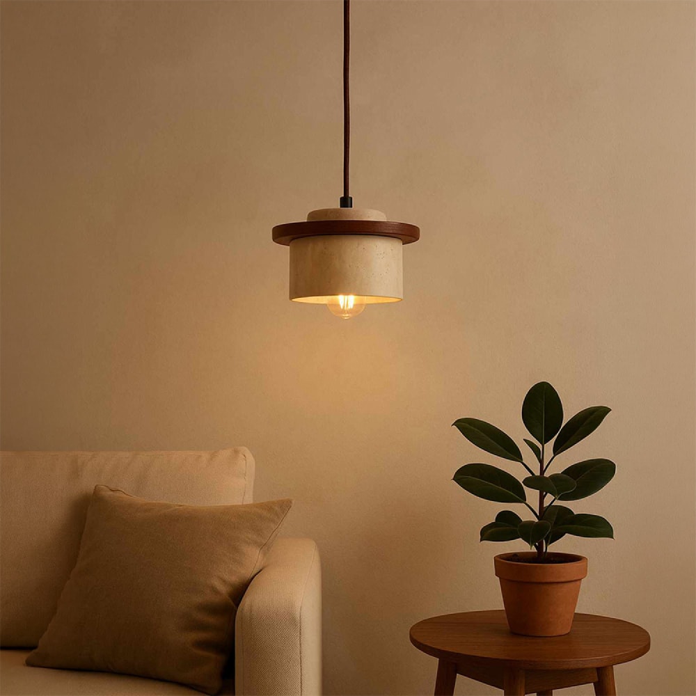 Suspension design en travertin et bois effet noyer Suspension design en travertin et bois effet noyer