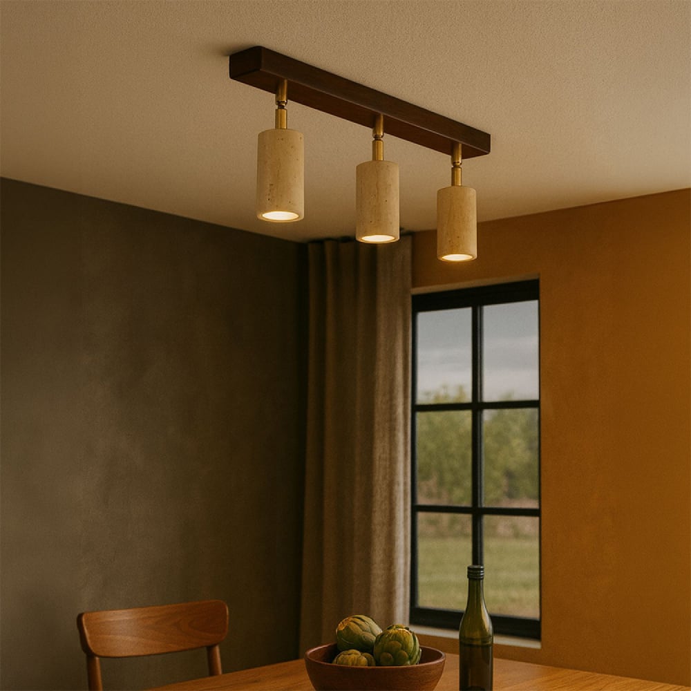 Luminaire design 3 spots orientables en travertin et effet bois Luminaire design 3 spots orientables en travertin et effet bois