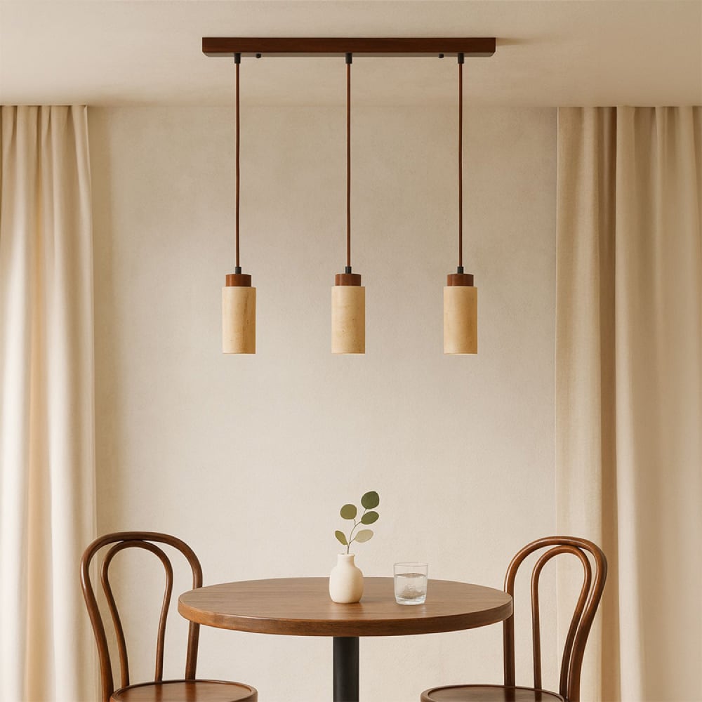 Suspension design 3 spots en travertin et effet bois Suspension design 3 spots en travertin et effet bois