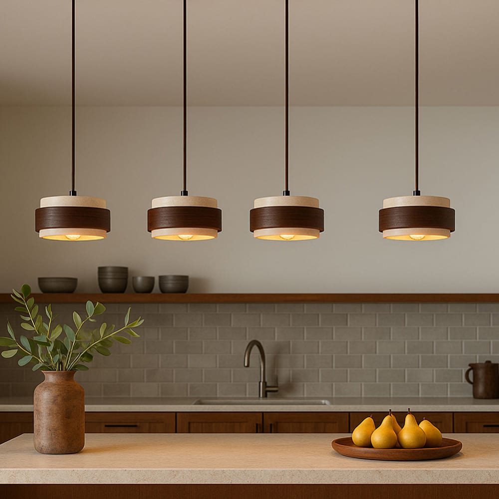 Luminaire design 4 suspensions en travertin et bois effet noyer Luminaire design 4 suspensions en travertin et bois effet noyer