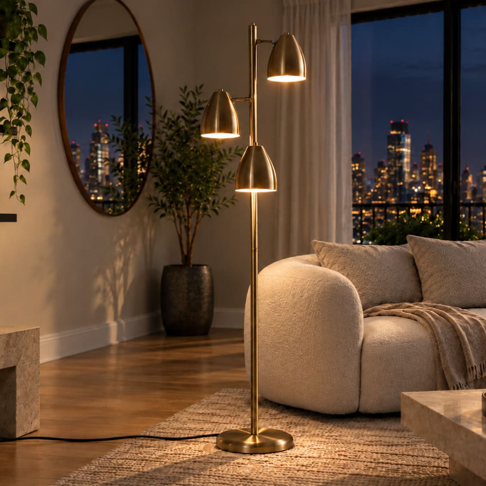 Lampadaire 3 spots orientables en métal effet laiton doré Lampadaire 3 spots orientables en métal effet laiton doré