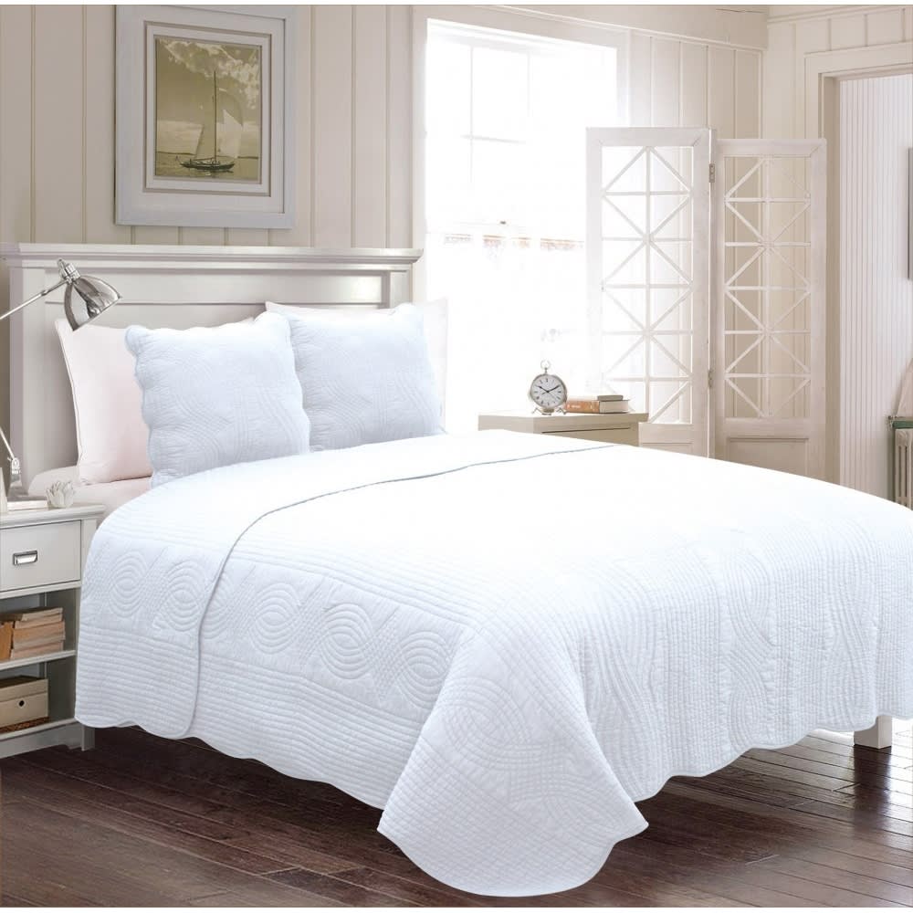 Couvre lit blanc et taies piquage en vagues en coton 230x250 cm Couvre lit blanc et taies piquage en vagues en coton 230x250 cm