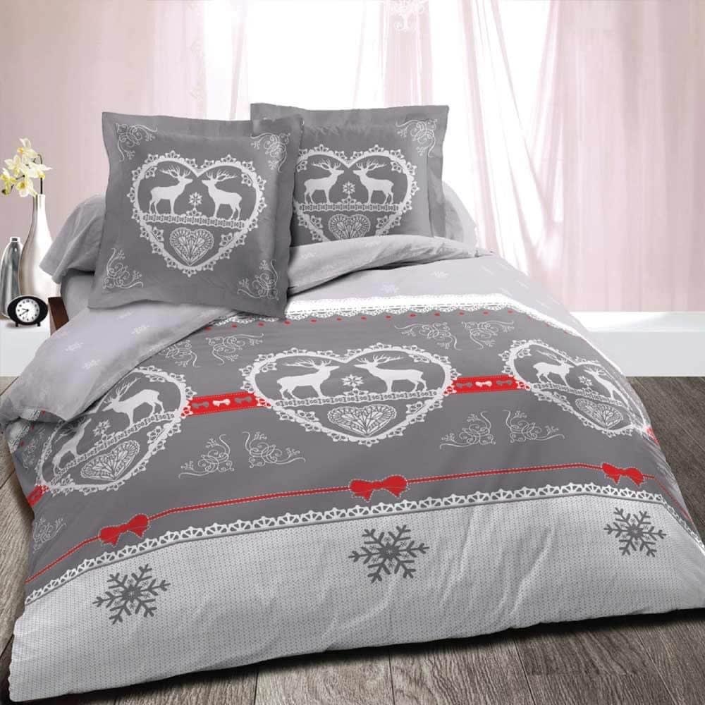 Housse de couette chalet winter gris et 2 taies en coton 220x240 cm Housse de couette chalet winter gris et 2 taies en coton 220x240 cm