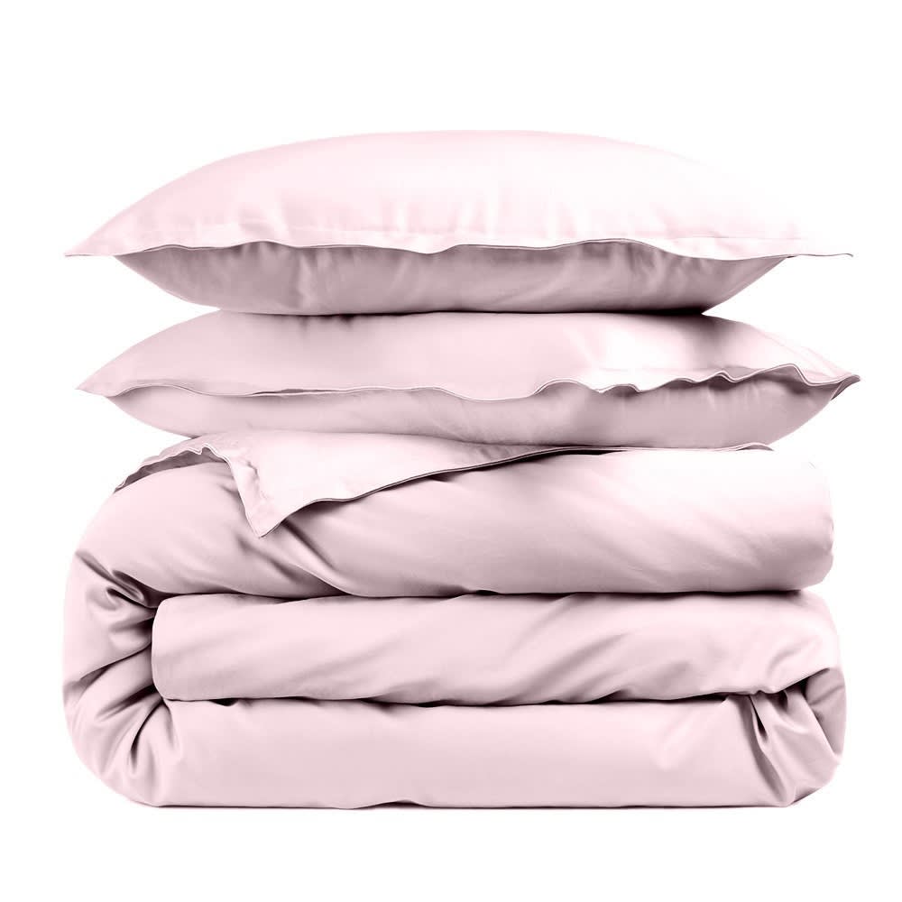 Housse de couette unie et taies percale 80 fils rose poudré 200x200 cm Housse de couette unie et taies percale 80 fils rose poudré 200x200 cm