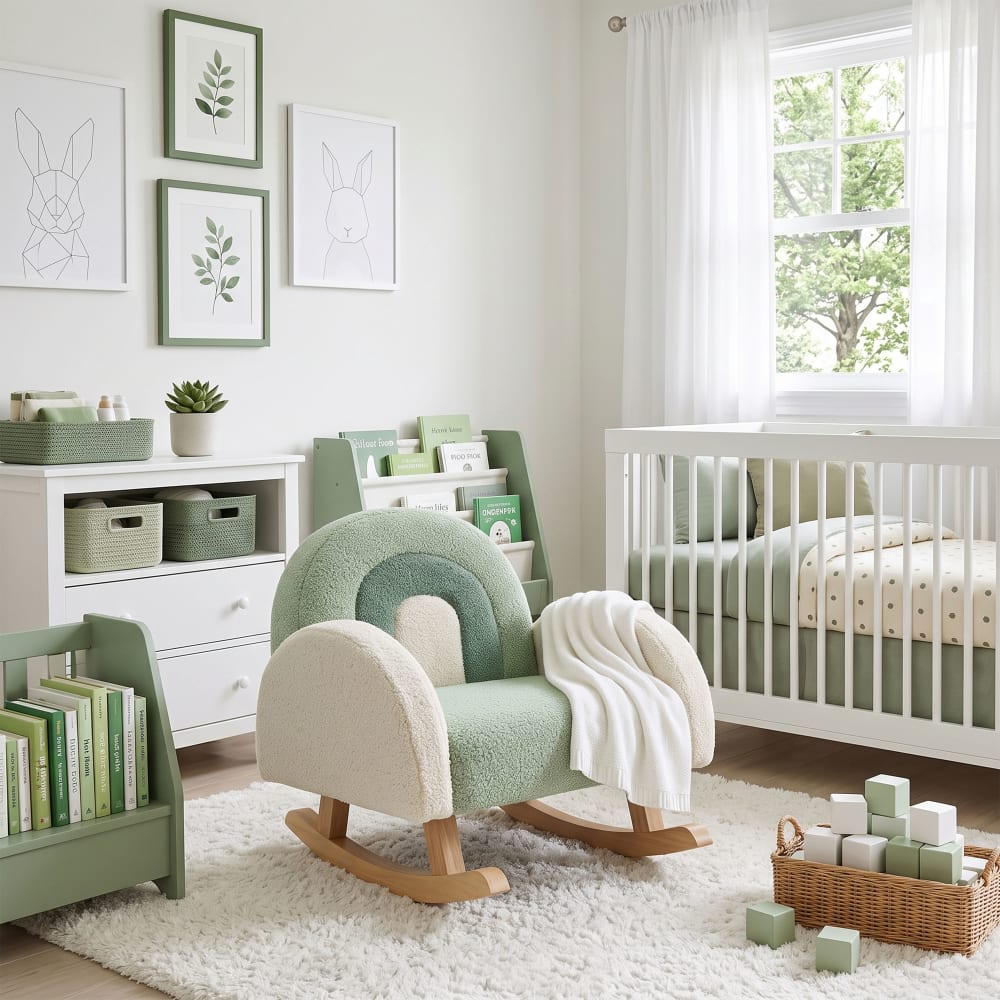 Fauteuil à bascule enfant, tissu teddy, vert, 55x55x50 cm