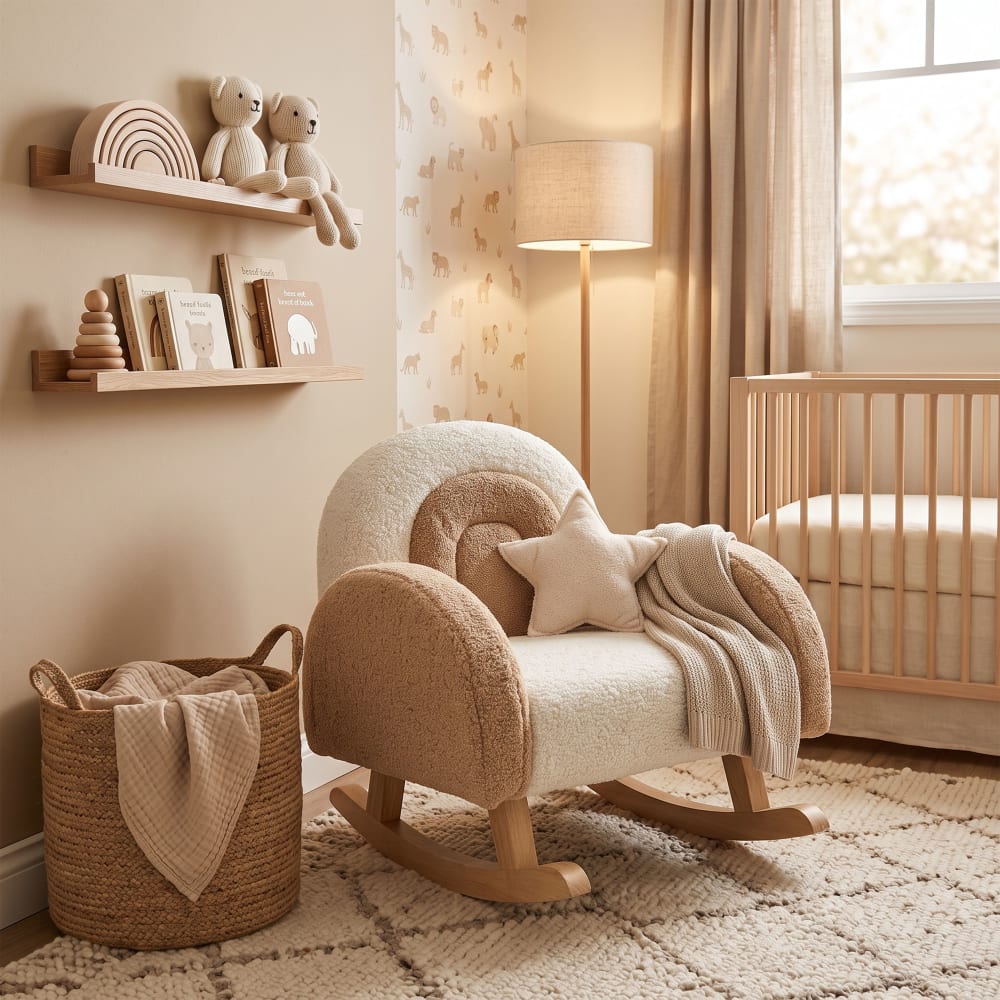 Fauteuil à bascule enfant, tissu teddy, marron, 55x55x50 cm