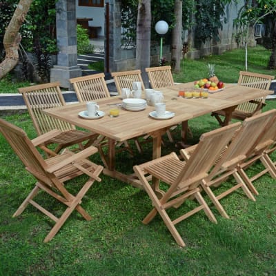 Salon de jardin 8 chaises avec 2 fauteuils en teck massif