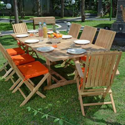 Salon de jardin 6 chaises avec 2 fauteuils en teck massif